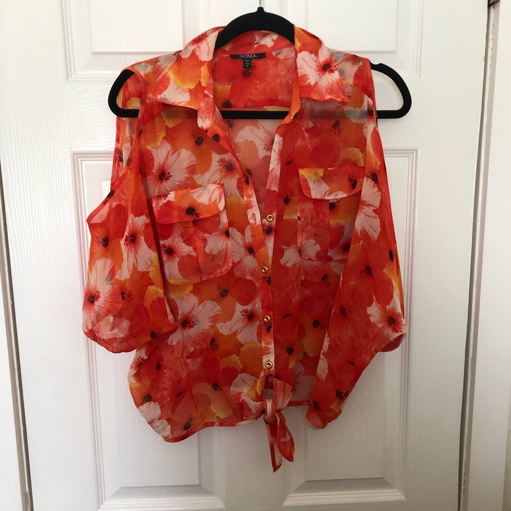 XOXO floral top with open shoulders